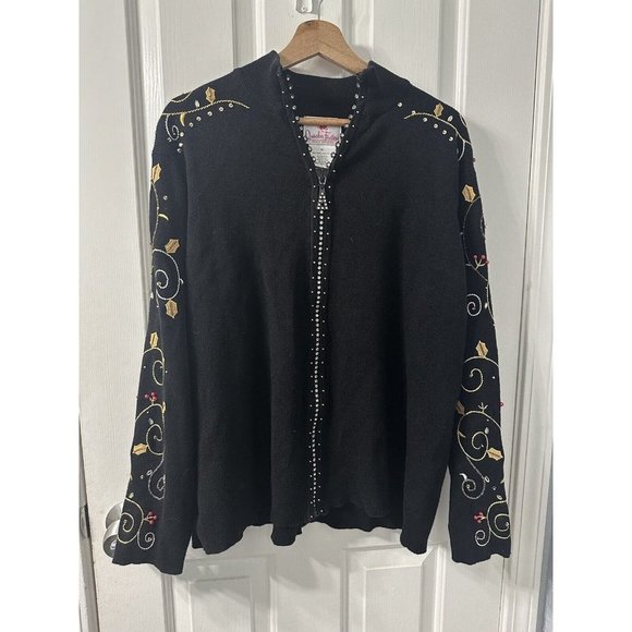 Quacker Factory Black Embellished Holly Berry Cardigan Zip Sweater Set Size XL - Picture 5 of 16